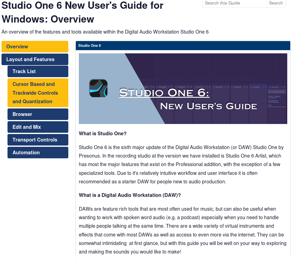 A sreenshot of a LibGuide for Studio One 6